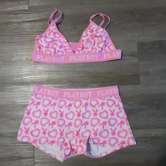 PLAYBOY Pink Heart Print Bra and Shorts Set - Picture 1 of 1
